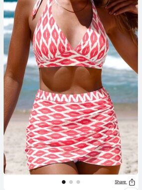 Pink Patterned Halter Bikini Top with Ruched Swim Skirt